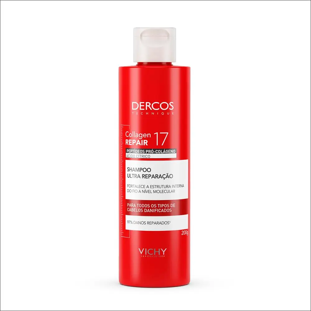 Shampoo Vichy Dercos Collagen Repair 17 Antiqueda Reparador 200ml | Shampoo com Peptídeos Pró-Colágeno e Ácido Cítrico que limpa suavemente, fortalece a fibra e deixa os fios mais brilhosos