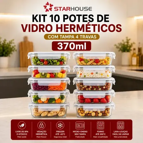Kit 10 Potes Herméticos Vidro 370ml Starhouse Marmita Forno Micro-ondas Airfryer com 4 Travas de Super Vedação - 1