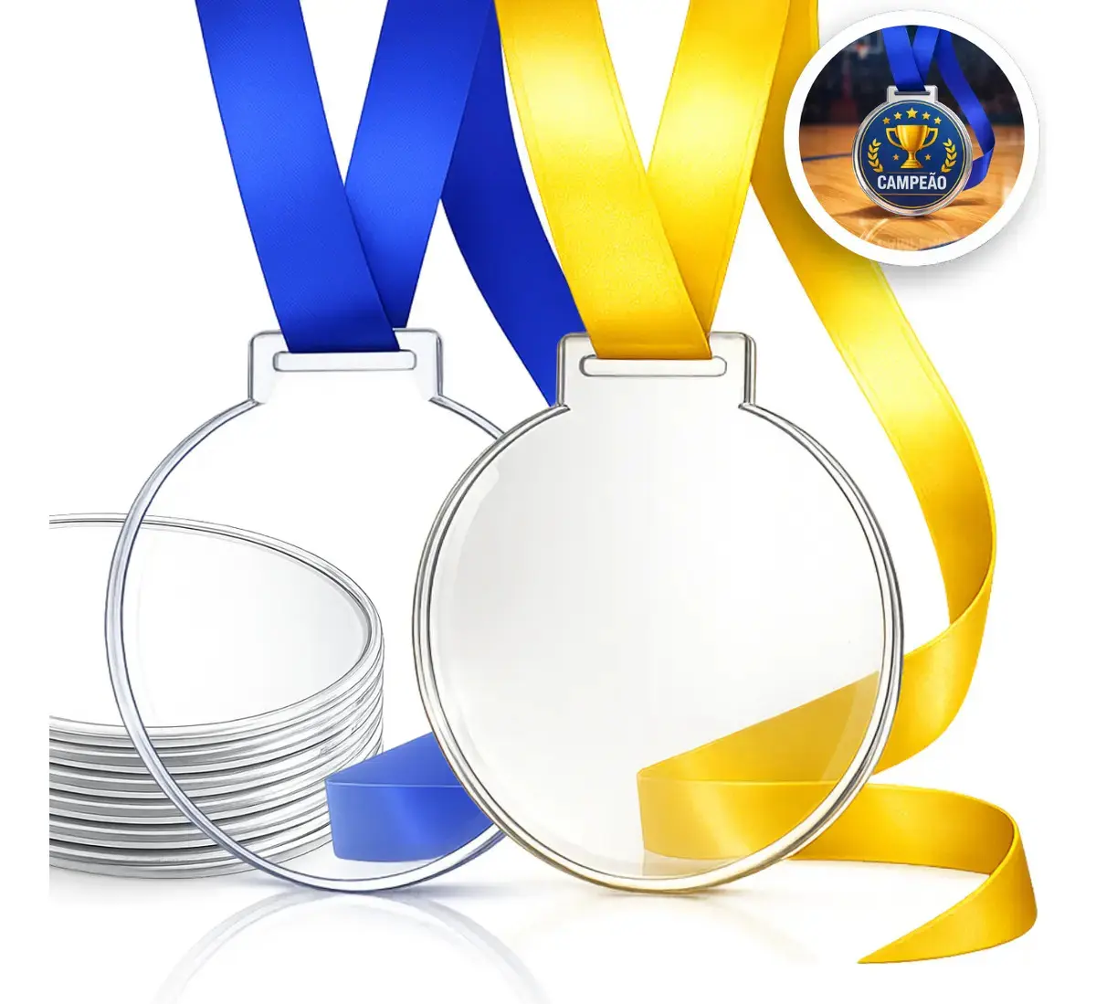 Kit 100 Medalhas Acrílico Transparente 7cm Com Fita Azul e Amarela