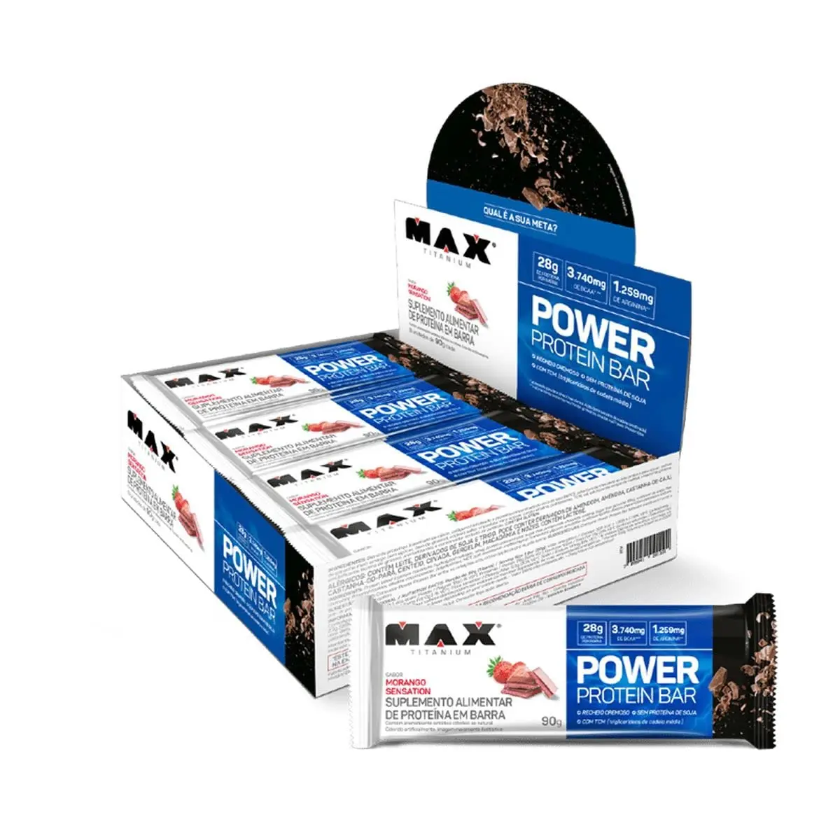 Power Protein Bar Caixa com 8 Unidades (720g) - Morango Sensation - Max Titanium, Max Titanium