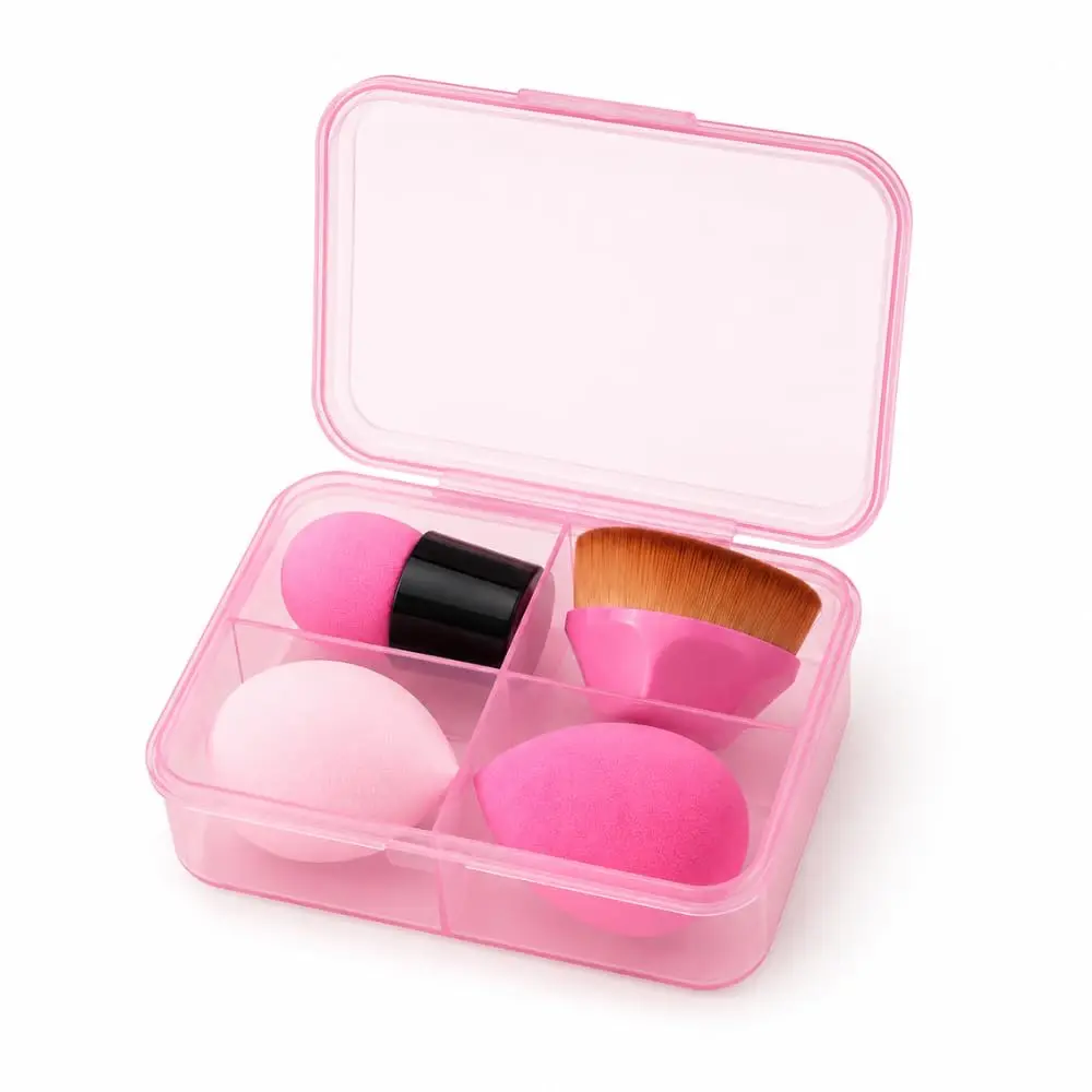 Kit Esponjas de Maquiagem com Pincel Flat e Estojo Organizador 4 Peças | Diferentes formatos para cada etapa: aplicação precisa, melhor distribuição do produto e acabamento uniforme. - 1