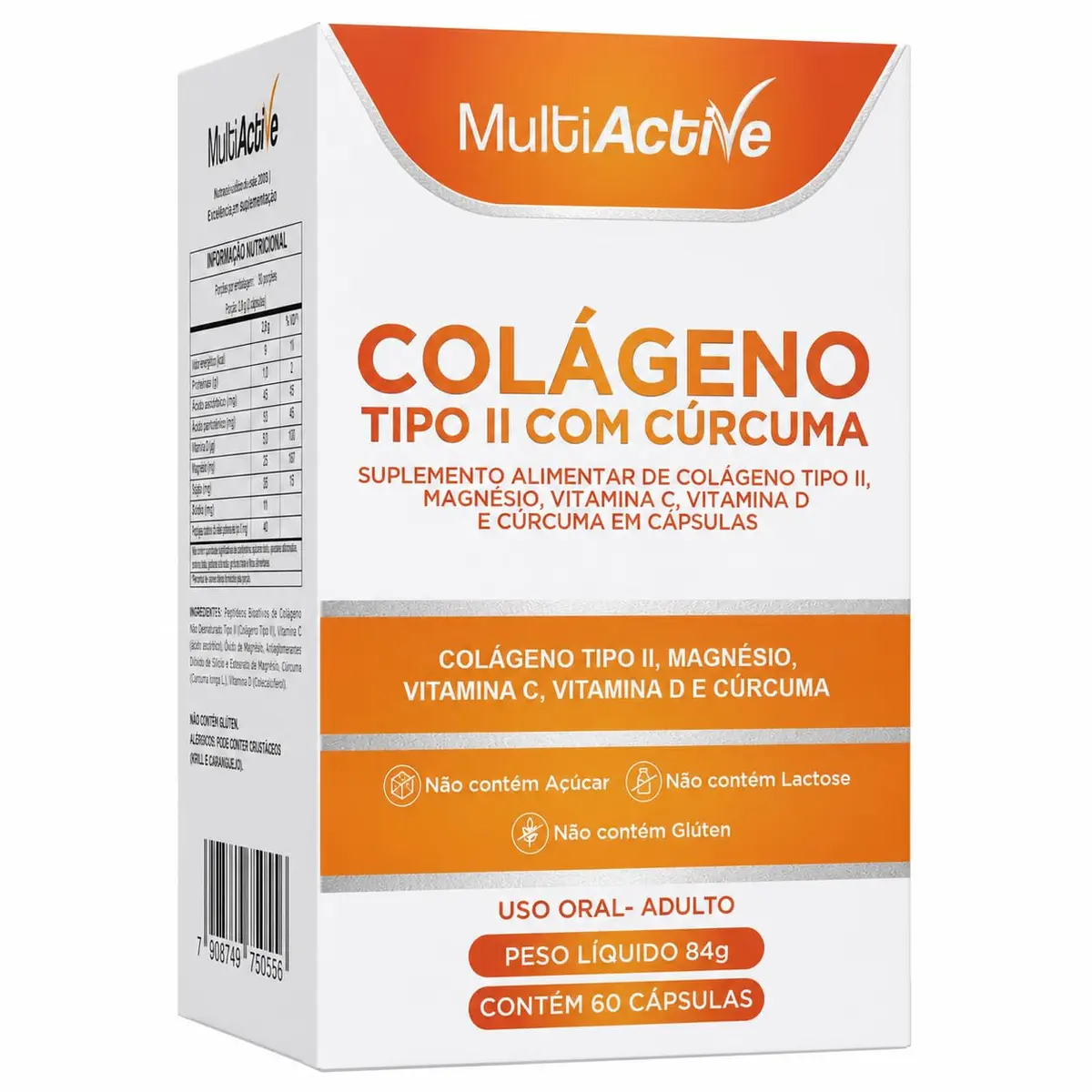 Colageno Tipo 2 Nao Desnaturado UC-II Curcumina Curcuma Magnesio Quelato Vitamina C Vitamina D3 60 Capsulas Softgel Suplemento Alimentar Formula Completa Sem Gluten Sem Lactose Multiactive