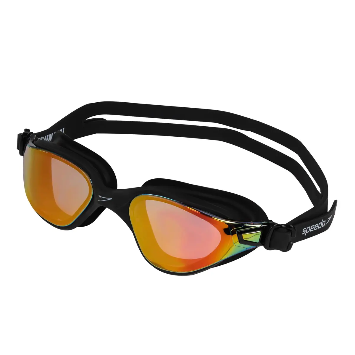 Óculos de Natação, Speedo, Tsunami - Preto | Lentes espelhadas REVO, vedação Comfort Feel tamanho G, narizeira One Piece, lentes curvas em policarbonato