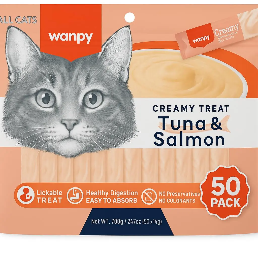 Petisco para gatos Wanpy Creamy Atum e Salmão Pacote com 50 tubos de 14g - 700g
