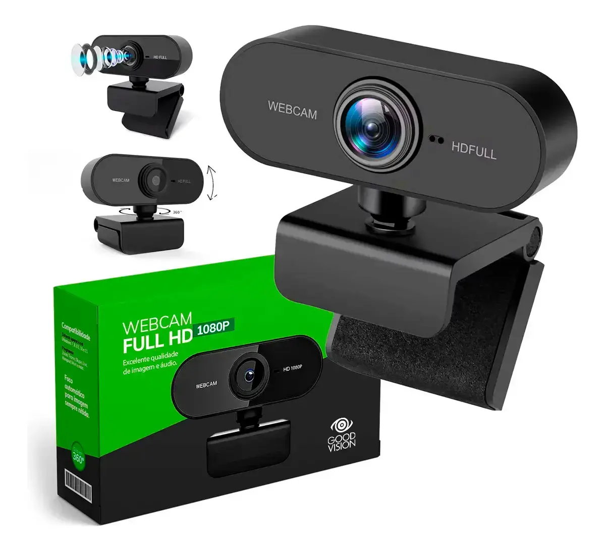 Webcam Camera Full Hd Zoom 1080p 360 Graus Videoconferencia Streamcam Web Cam Entrada Usb 2.0 Com Microfone- GoodVision - 1