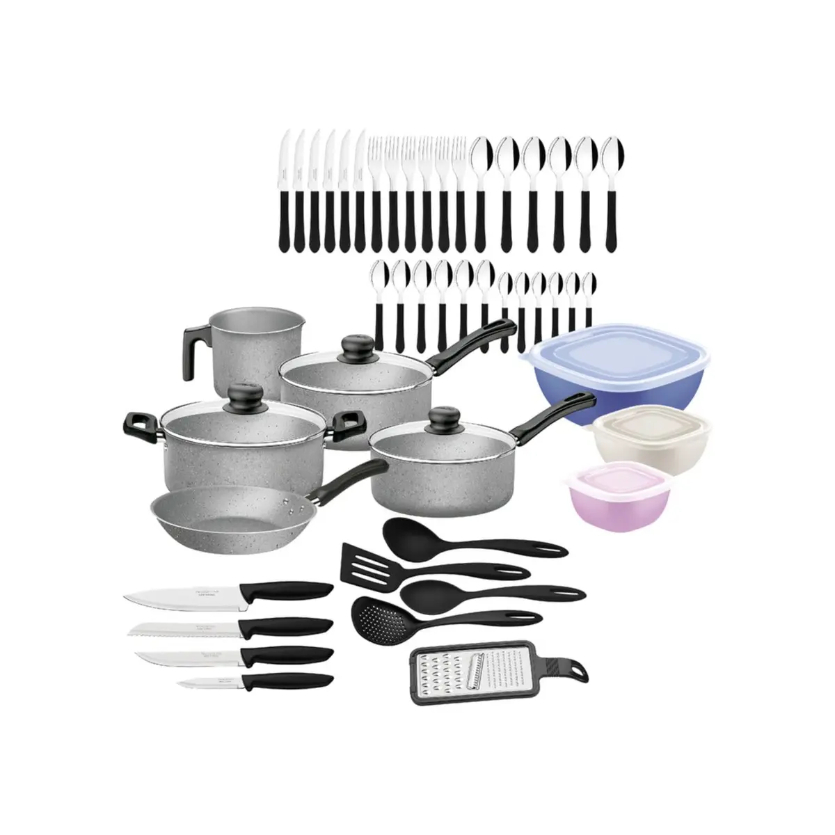 Kit Tramontina 47 peças para Cozinha com Panelas Antiaderentes em Alumínio, Talheres, Facas e Utensílios Domésticos