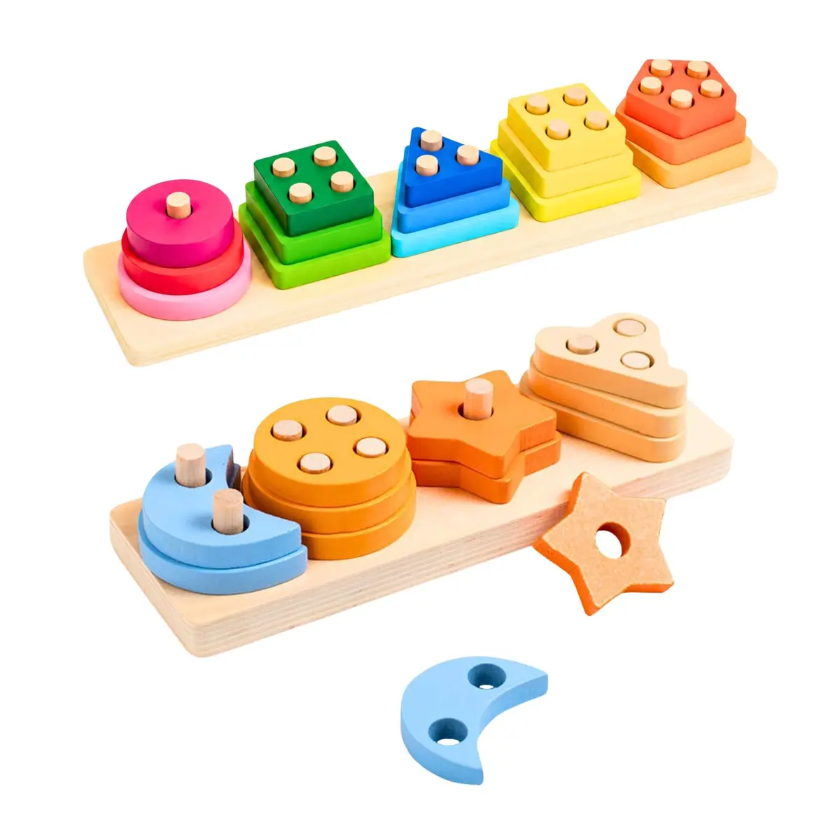 Kit 2 Pranchas Educativas Montessori Madeiras 27 Peças Bebês | Brinquedos Pedagógicos de Encaixe e Empilhamento, Primeira Infância, Presente Educativo para Bebê