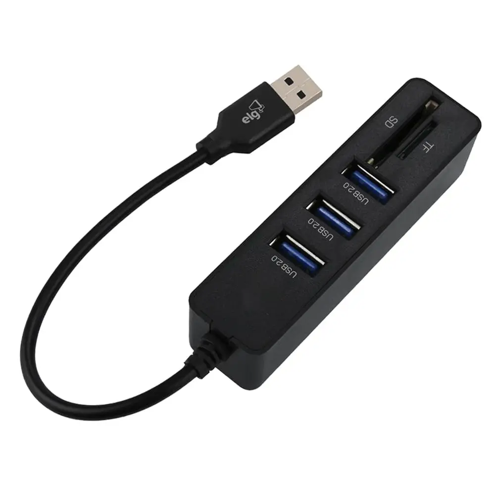 Adaptador HUB USB, 5 em 1, Com 3 portas USB-A, 1 Leitor Mini SD Card e 1 Leitor Micro SD Card, Fabricado em ABS de Alta Resistência, Preto, HUB51SD-V2, ELG - 1