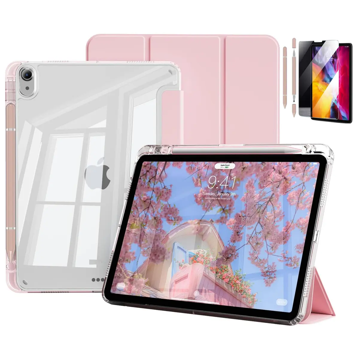 Capa para iPad (A16) 11ª Geração 11" 2025 e iPad 10ª Geração 10,9" 2022,Caneta Stylus Absorvente, Adesivo Coletor de Poeira e Função Despertar/Suspender Automático (Preto) (Rosa)