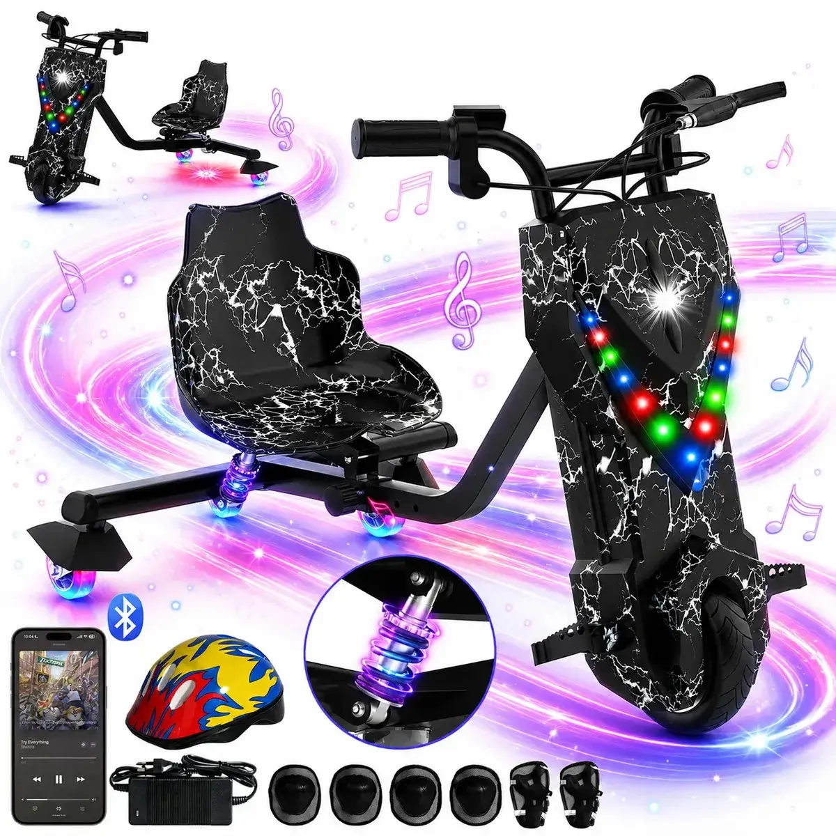 Patinete Elétrico Primeware 350W para Drift com Bluetooth, Luzes RGB e Kit de Proteção