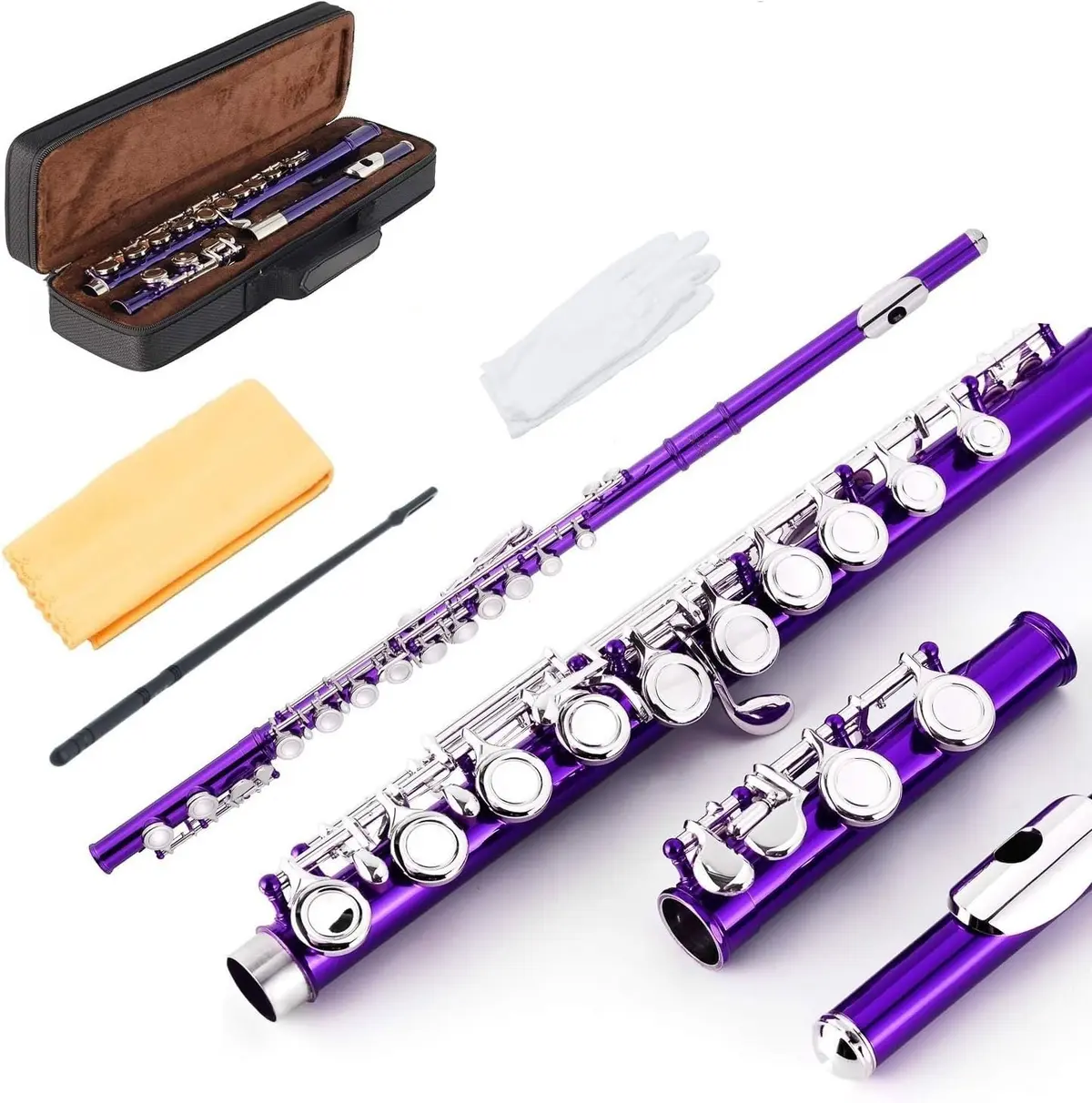 VEDO Flauta Transversal em C, 16 Chaves Fechadas, Cor Roxa, com Kit de Limpeza – Perfeita para Iniciantes, Adultos, Crianças e Estudantes