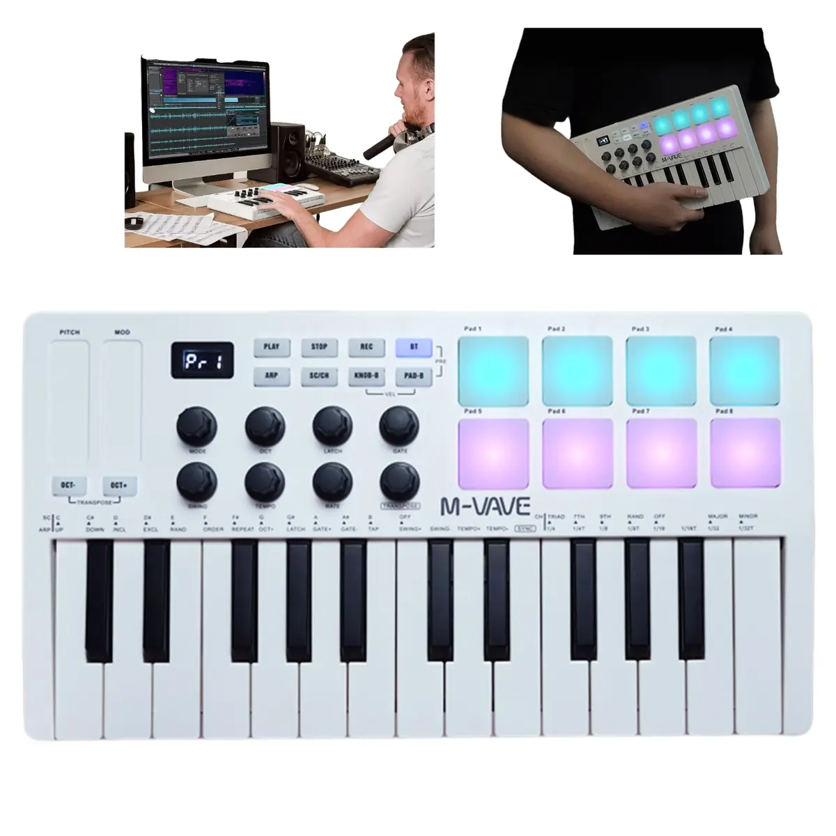 M-VAVE Controlador MIDI Bluetooth 25 Teclas com 8 Pads RGB, Bateria de 16h e Teclado Dinâmico - Compatível com Ableton/FL Studio/iOS/Android (Branco)-embalagem original Autêntico