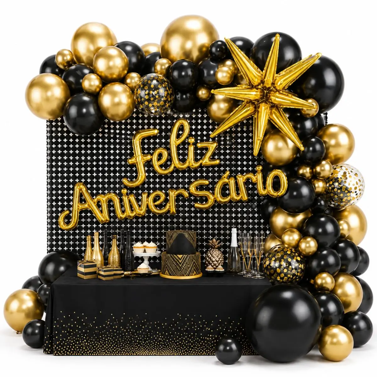 Kit Decoração Festa Aniversário Preto com Balões e Cortina Metalizada | Montagem prática, fácil de instalar sem experiência profissional