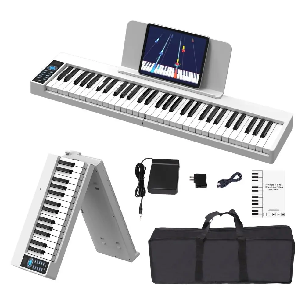 VEDO Piano Digital DobráVel Kit, 61 Teclas Semipesadas, Recarregável, 128 Tons, 128 Ritmos, 20 CançõEs de DemonstraçãO, USB-MIDI, DAW, Pedal SustentaçãO, Estante de Partitura, Branco