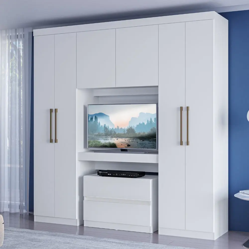 Guarda Roupa Casal 6 Portas 2 Gavetas Porto Branco com Painel de TV Carraro
