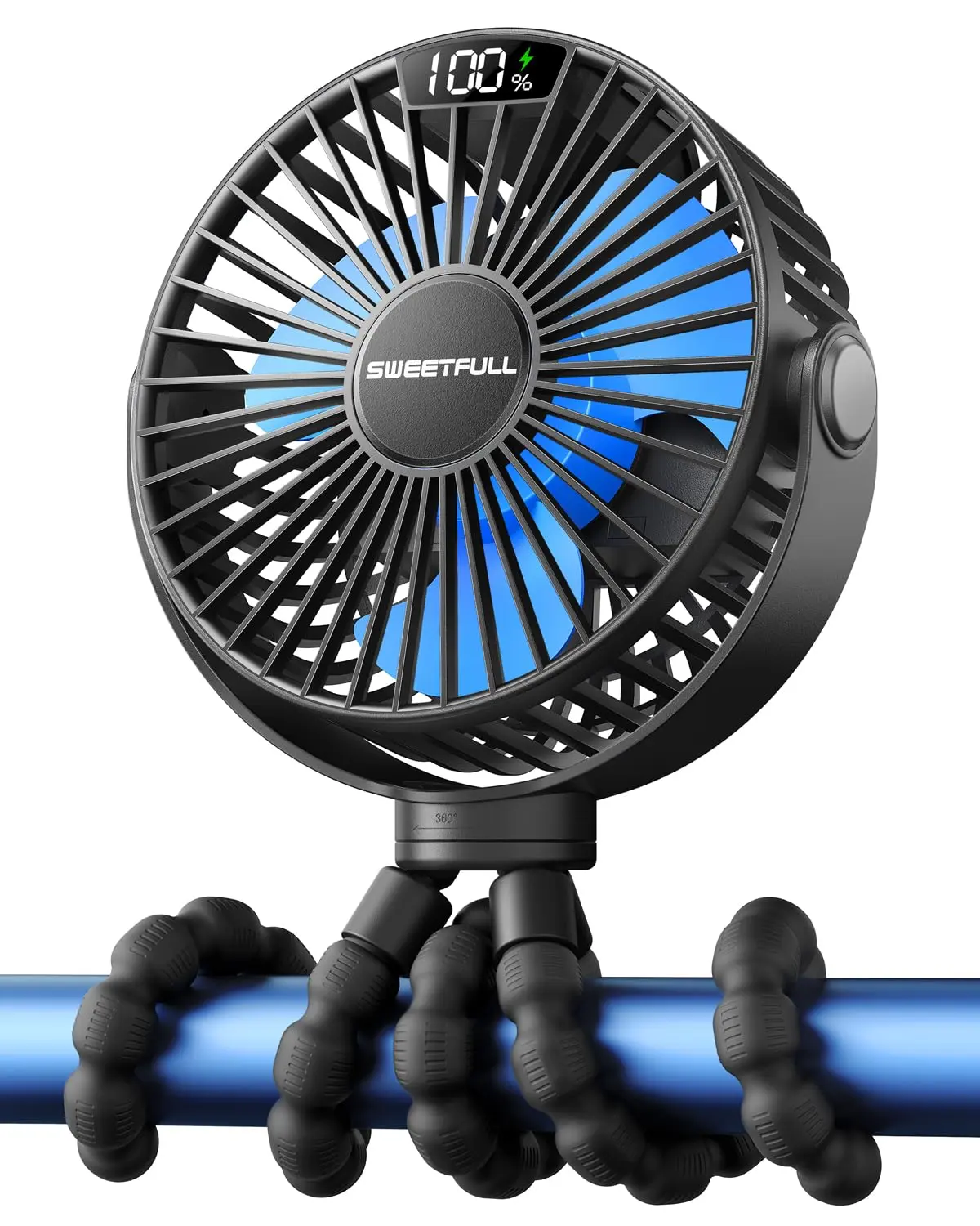 Ventilador portátil SWEETFULL 4 velocidades, para carrinho de bebê, tela, 4.000 mAh, com clipe, a bateria, recarregável, para assento de carro de bebê, berço, viagem – preto