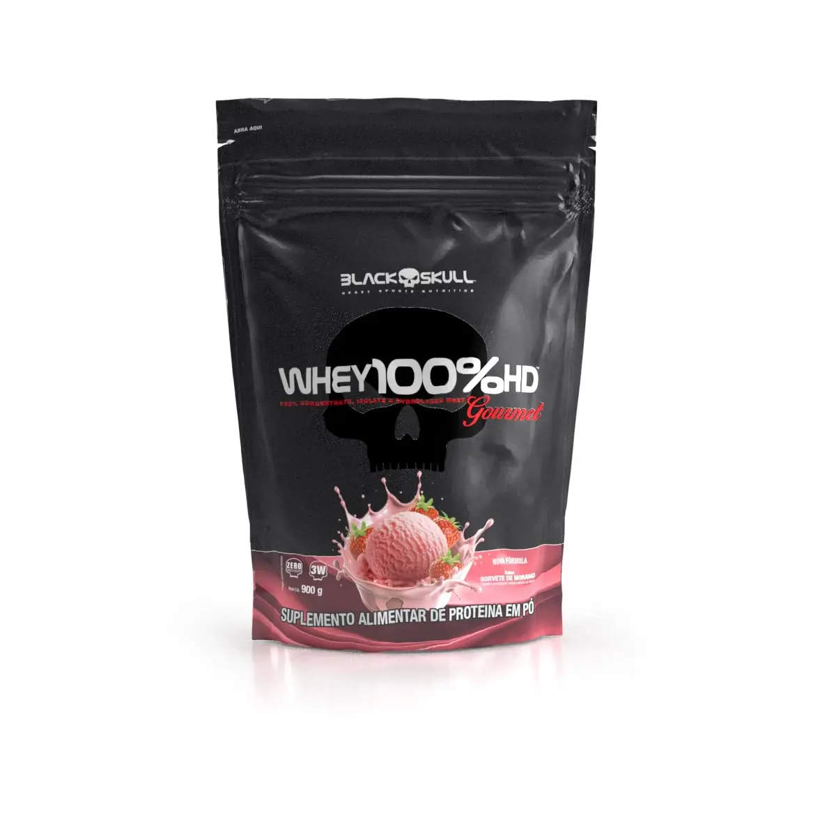 Black Skull Whey 100% HD Gourmet Refil 900g Morango | Proteína do soro do leite com sabor gourmet, embalagem refil prática e econômica, excelente diluição e cremosidade - 1