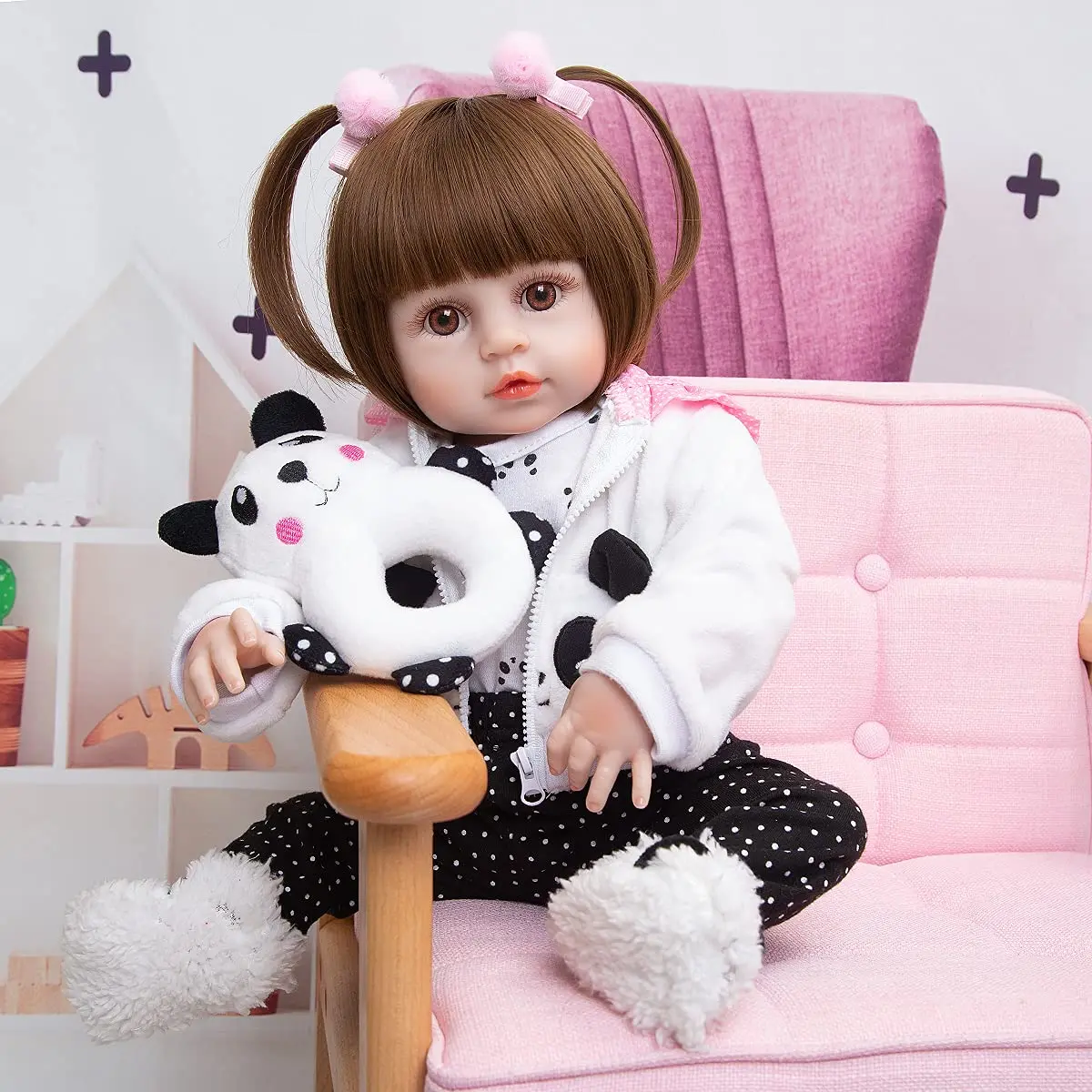 Bebê Reborn Boneca Menina Panda de Silicone 48cm Olhos Castanhos Pode dar Banho (Boneca Menina)