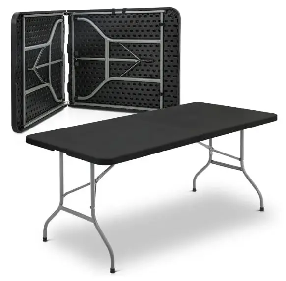 Mesa Retangular dobrável ao meio 180 x 74 cm - Preta - vira maleta
