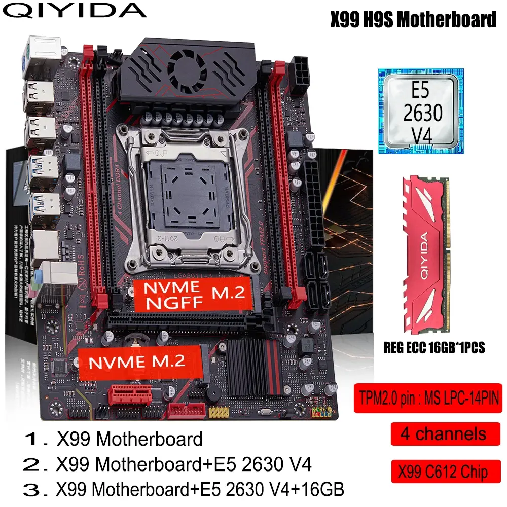 Kit de Placa-Mãe QIYIDA X99 H9S com CPU Xeon E5 2630 V4 LGA2011-3, Memória DDR4 de 16GB, Interface NVME M.2 TPM 2.0 e SATA3 - 1