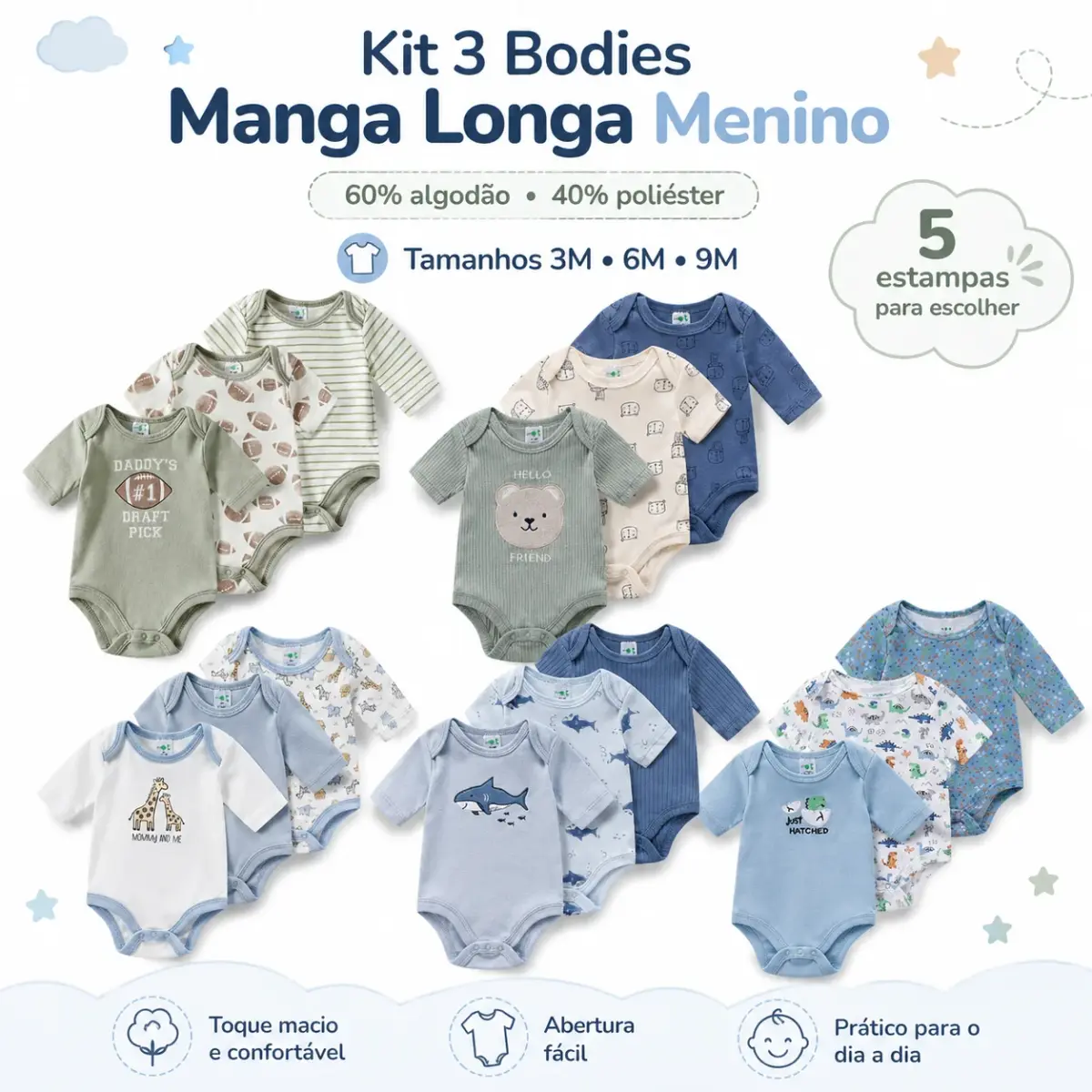 Conjunto 3 Peças Body Infantil Manga Comprida 60% Algodão Estampa Animal e Listrado Toque Suave para Inverno