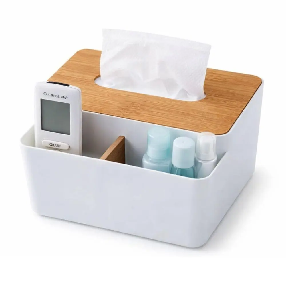 Porta Lenço de Papel e lenço Umidecido com Organizador Multifuncional em Bambu para Mesa Sala Escritório e Quarto (Branco)