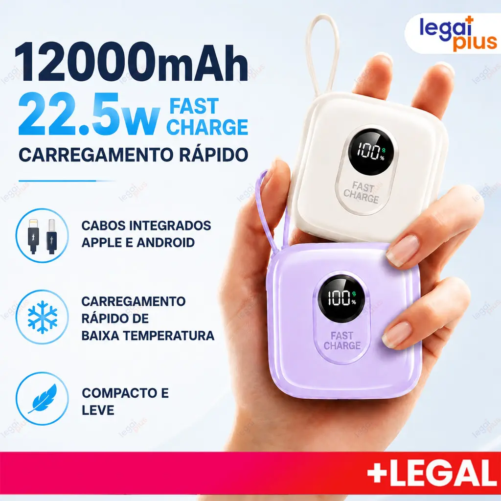 Carregador Portátil 12000mAh LED com Cabos Integrados, Compacto, Carga Rápida, Compatível com iPhone e Android - 1