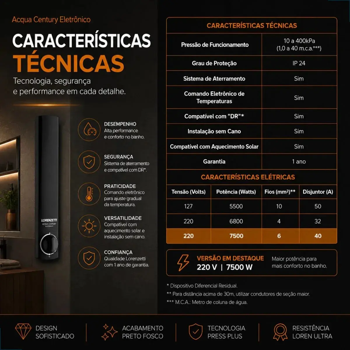 Chuveiro Ducha Eletrônico Acqua Century Lorenzetti Cor Preto Potência 7500 W thumbnail 2