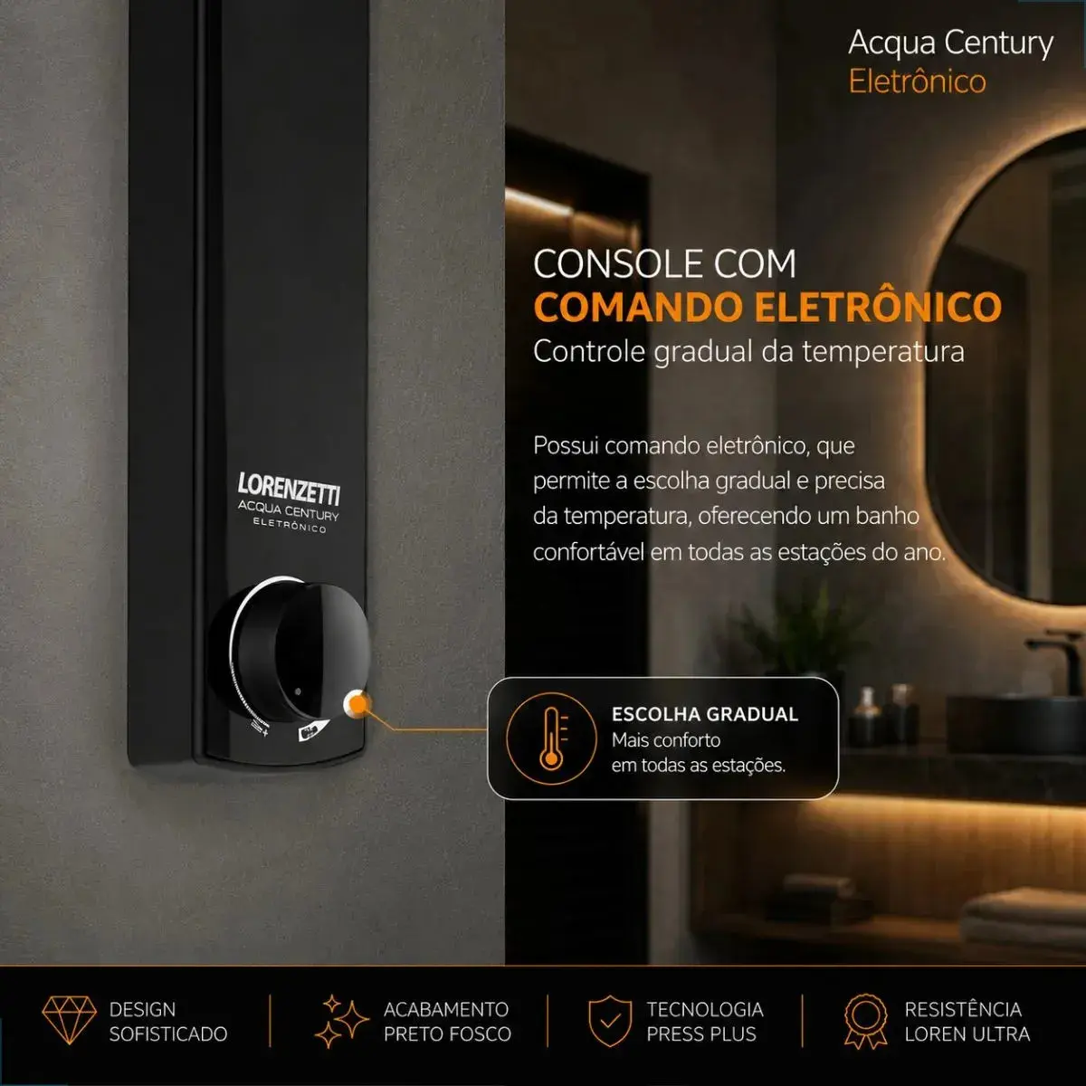 Chuveiro Ducha Eletrônico Acqua Century Lorenzetti Cor Preto Potência 7500 W thumbnail 3