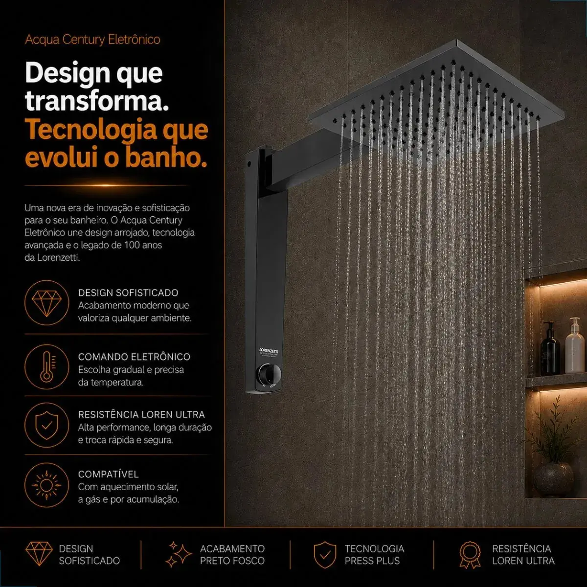Chuveiro Ducha Eletrônico Acqua Century Lorenzetti Cor Preto Potência 7500 W thumbnail 5