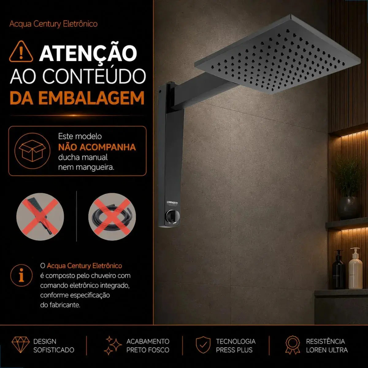Chuveiro Ducha Eletrônico Acqua Century Lorenzetti Cor Preto Potência 7500 W thumbnail 7