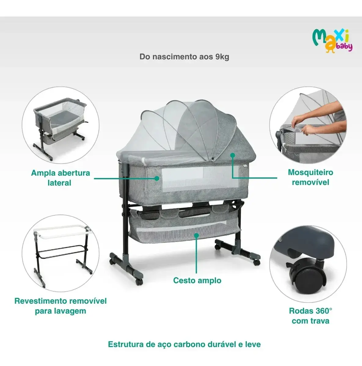 Berço Portátil Bebê Acoplado Co-Bed Connect Maxi Baby - CINZA thumbnail 4