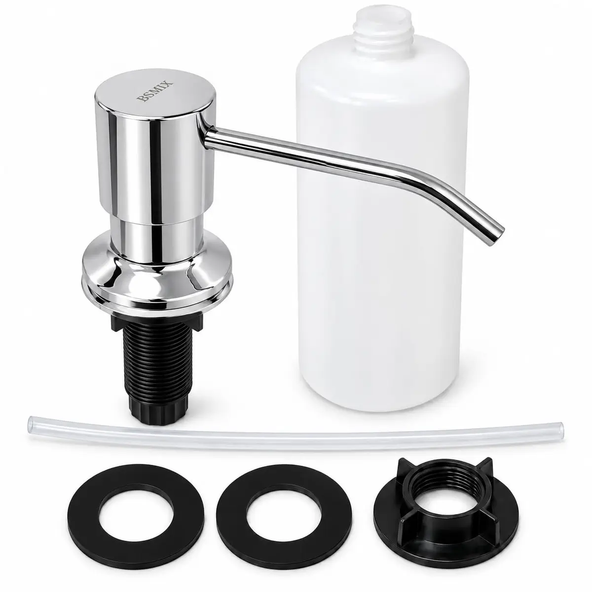BSMIX Dosador Dispenser de Detergente Embutir Pia Inox 304 Cromado 500ml | Acionamento manual, abastecimento superior e instalação em furos de 2,5 a 3,8 cm