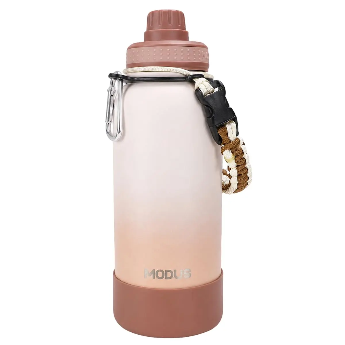 MODUS Garrafa Térmica 950ml - Parede Dupla de Isolamento 24horas Gelado | com Base Emborrachada Anti Derrapante, Alca Paracord (Gradiente Branco e Marrom)