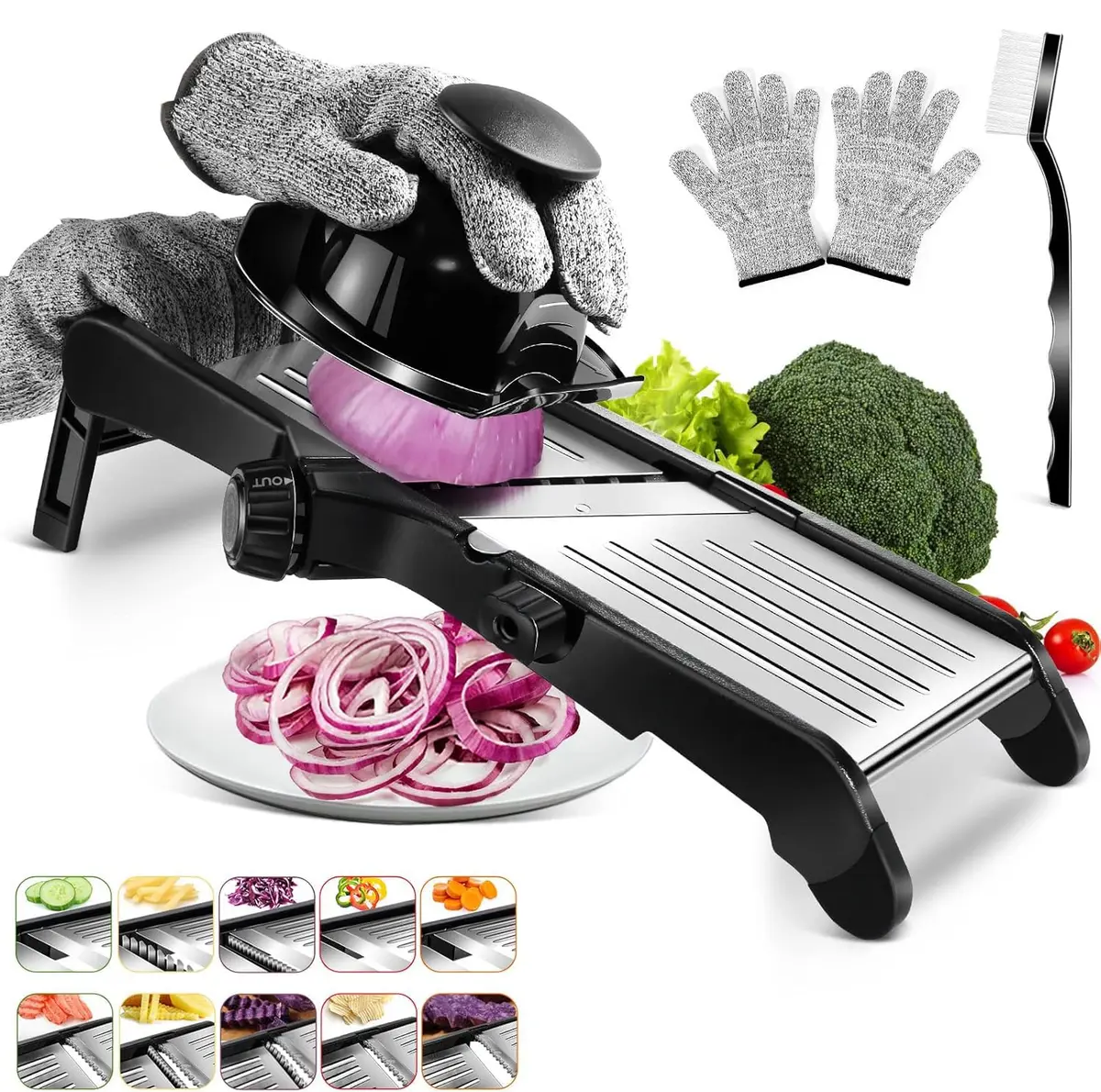 Mandoline Profissional Inox Fatiador Legumes Manual Adjustable Cortador Legumes Manual Multifuncional com Luvas Escovas Resistentes Cortes Mandolim Cozinha para Cebola Batata Alimentos