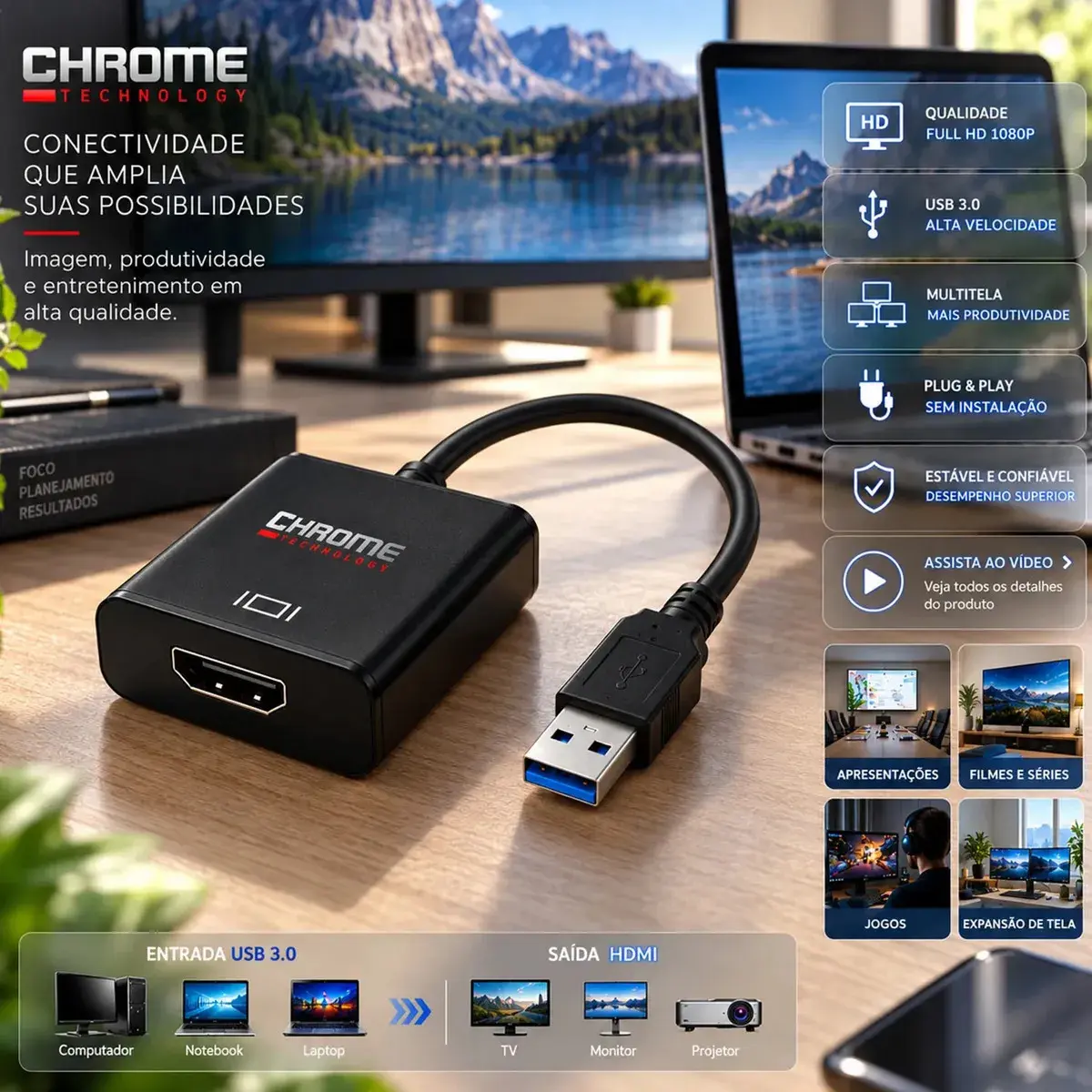 Cabo Adaptador Conversor Usb Para Hdmi Usb 3.0 Multitela Hdmi 1080p Pc Notebook Mac Tv Televisão Entrada Usb E Saída Hdmi Plug And Play - Marca Chrome Technology
