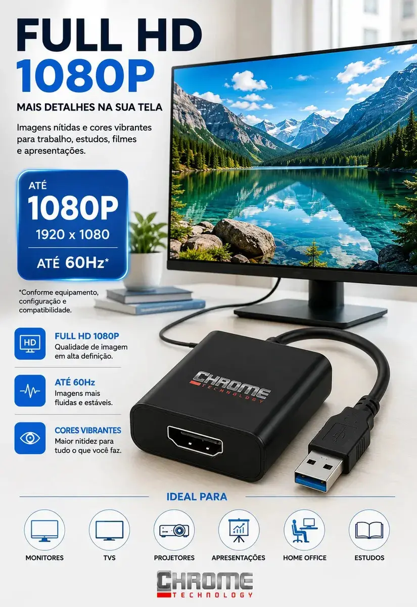 Cabo Adaptador Conversor Usb Para Hdmi Usb 3.0 Multitela Hdmi 1080p Pc Notebook Mac Tv Televisão Entrada Usb E Saída Hdmi Plug And Play - Marca Chrome Technology thumbnail 5