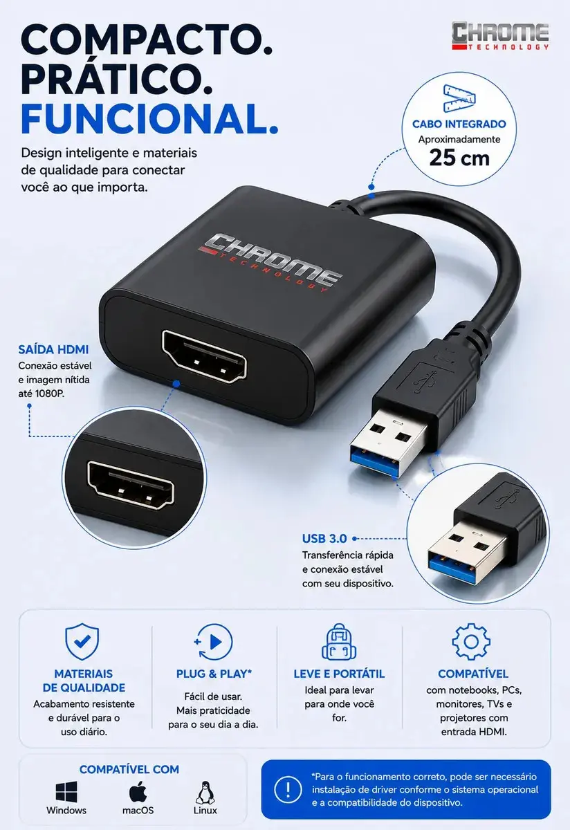 Cabo Adaptador Conversor Usb Para Hdmi Usb 3.0 Multitela Hdmi 1080p Pc Notebook Mac Tv Televisão Entrada Usb E Saída Hdmi Plug And Play - Marca Chrome Technology thumbnail 6