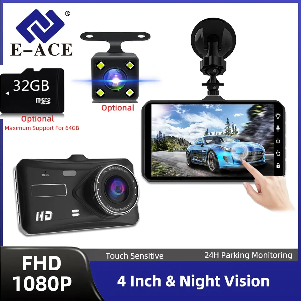 Câmera Veicular E-ACE 1080P B12 com Tela Sensível ao Toque, WDR, Sensor G, Visão Noturna e Lente Traseira Opcional - Dashcam Oculta - 1