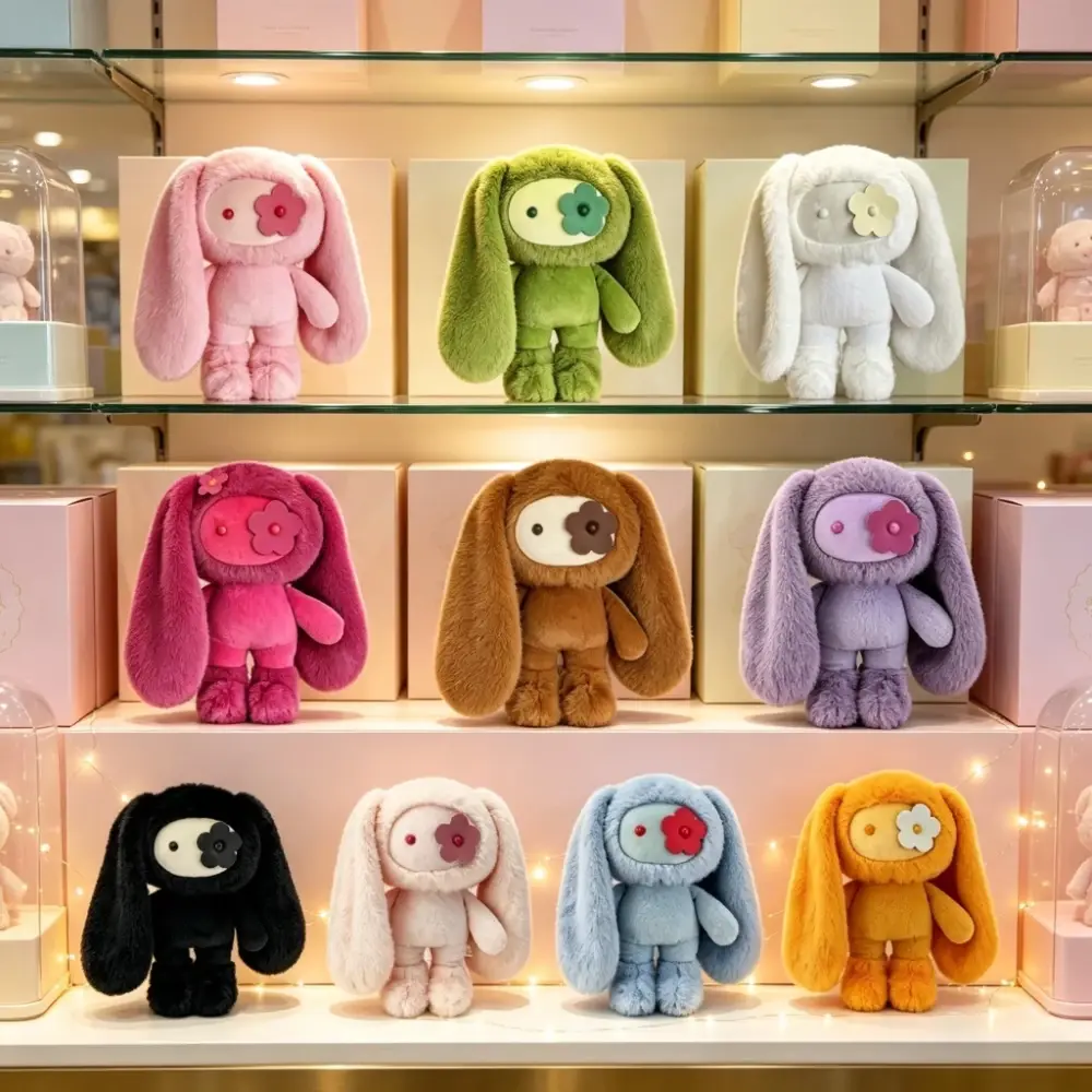 Chaveiro de Pelúcia Coelho Juju Fofo com Olhos de Flor, Boneca de Pelúcia Coelhinho Kawaii com Orelhas Longas, Pingente de Bolsa, Chaveiro de Carro, Brinquedo, Presente para Menina - 1