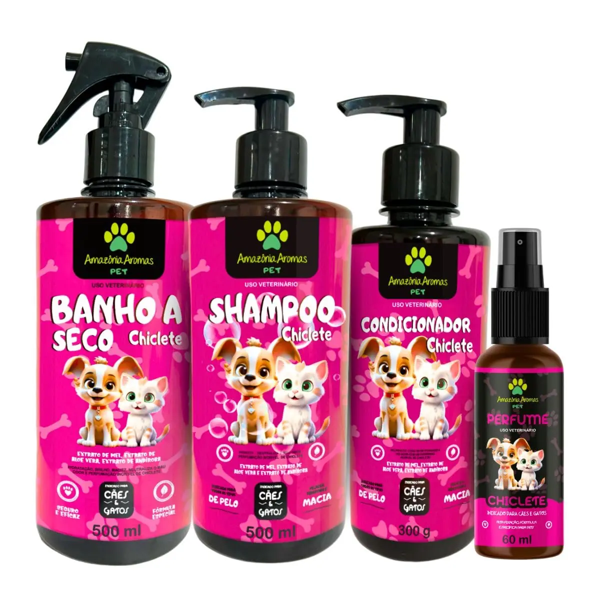 Kit Completo Banho Para Pet Chiclete - Shampoo + Condicionador + Banho a Seco + Perfume