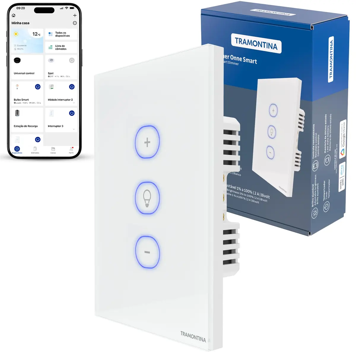 Tramontina Dimmer Inteligente Smart Touch WIFI Branco Compatível com Alexa - Onne, Vidro, 3,9 x 8 x 12 cm, Modelo TS-221