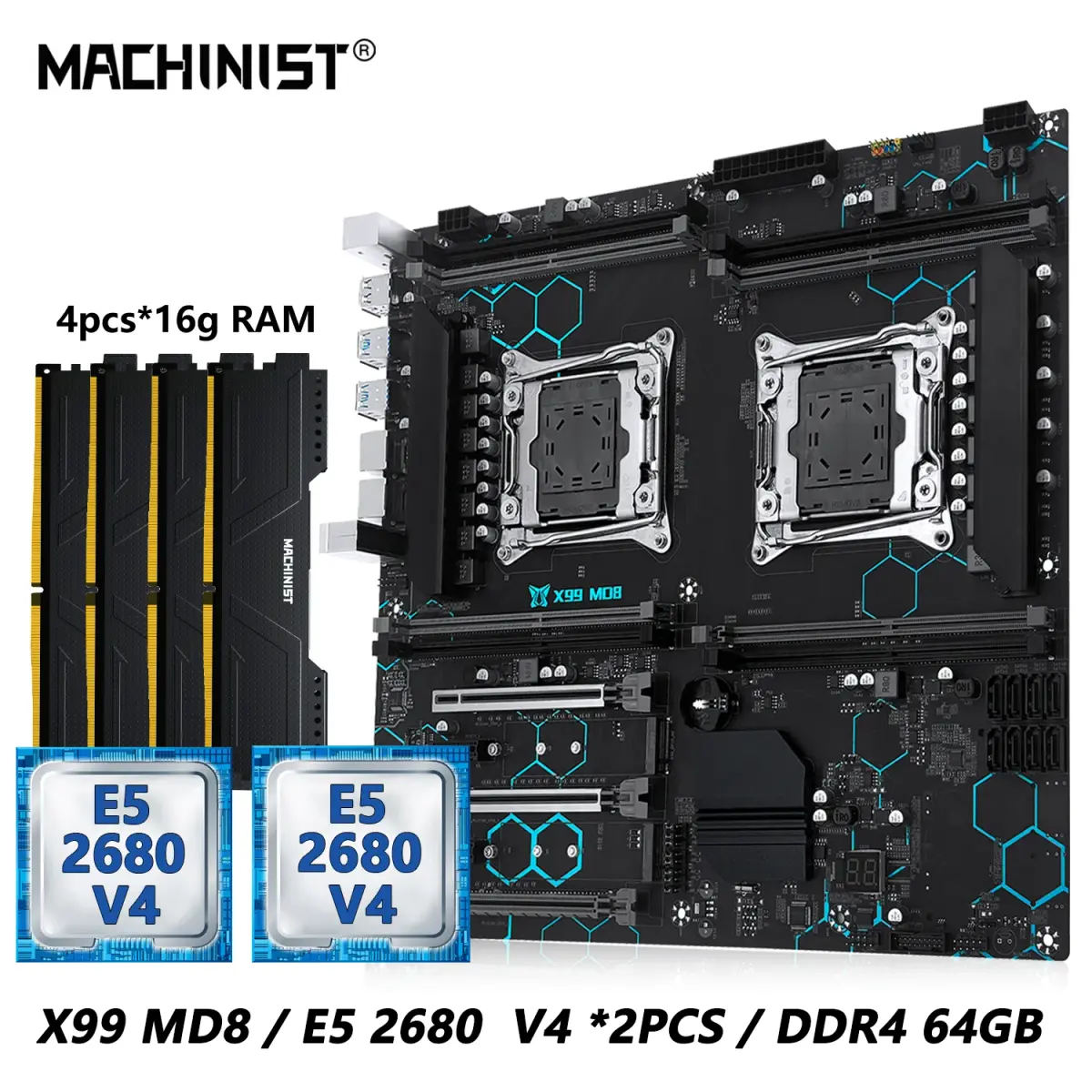 Placa-Mãe MACHINIST X99 MD8 Dual CPU com Kit Opcional Intel Xeon E5 2680 V4 LGA2011-3 DDR4 32GB RAM Chip C612 para Servidor - 1