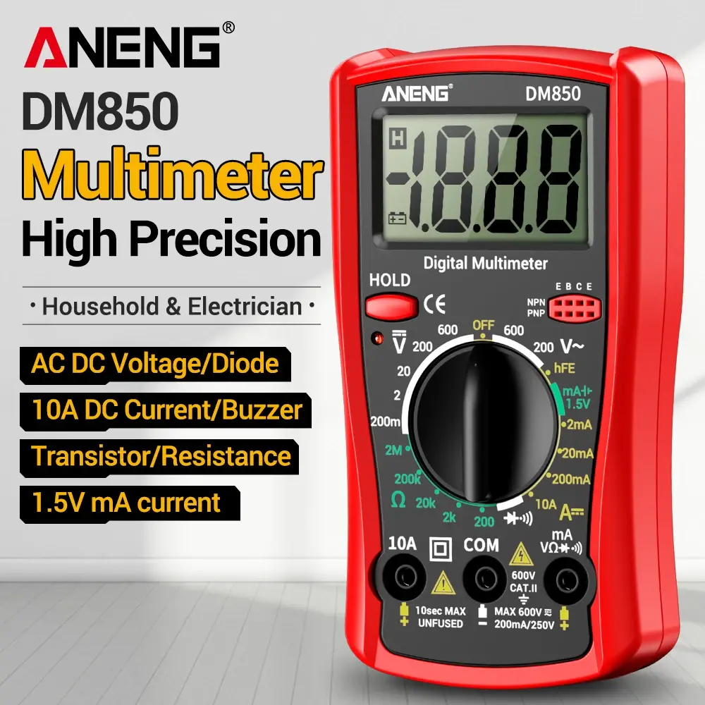 Multímetro Digital Inteligente Automático ANENG DM850 com 1999 Contagens, Medição de Corrente AC/DC, Tensão, Buzzer, Resistência e Diodo para Eletricistas