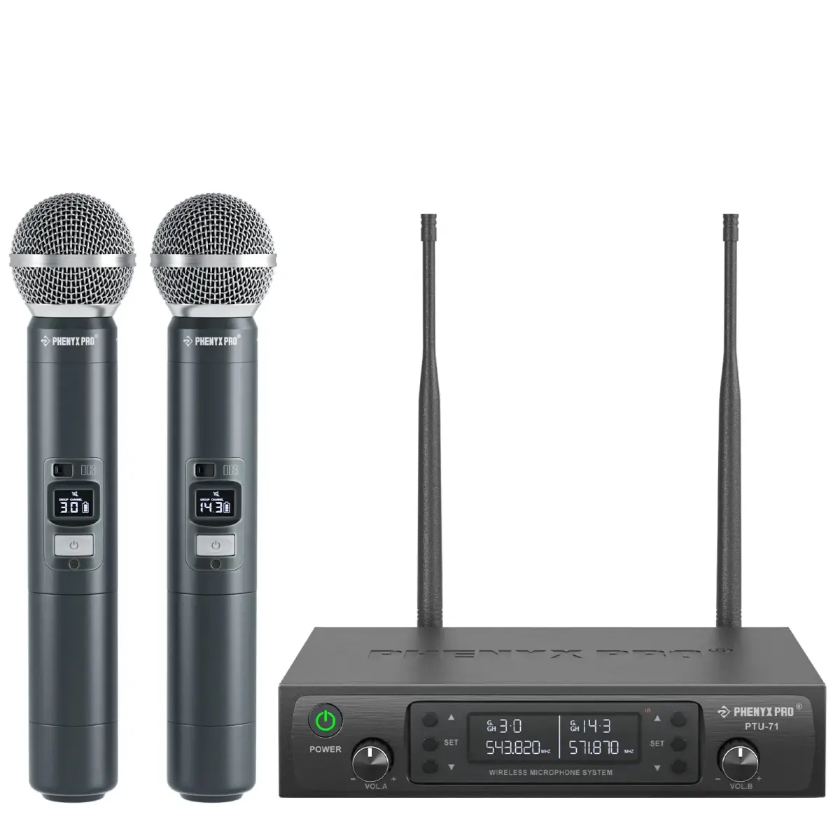 [CÓDIGO:BRA70]Phenyx Pro Sistema de microfone sem fio duplo ajustável UHF profissional para apresentações em palco Construção de metal resistente 100M PTU71