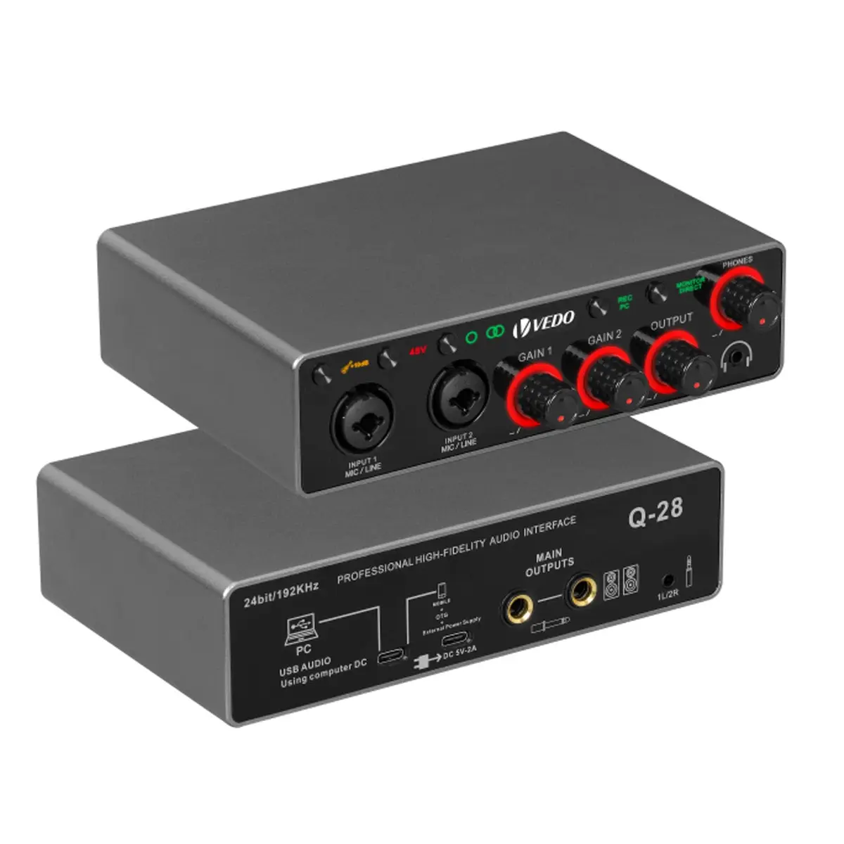 Interface de áudio Q-28,24 bits/192 kHz,Phantom power de 48 V, monitoramento de baixa latência, suporte para entradas de instrumento/microfone
