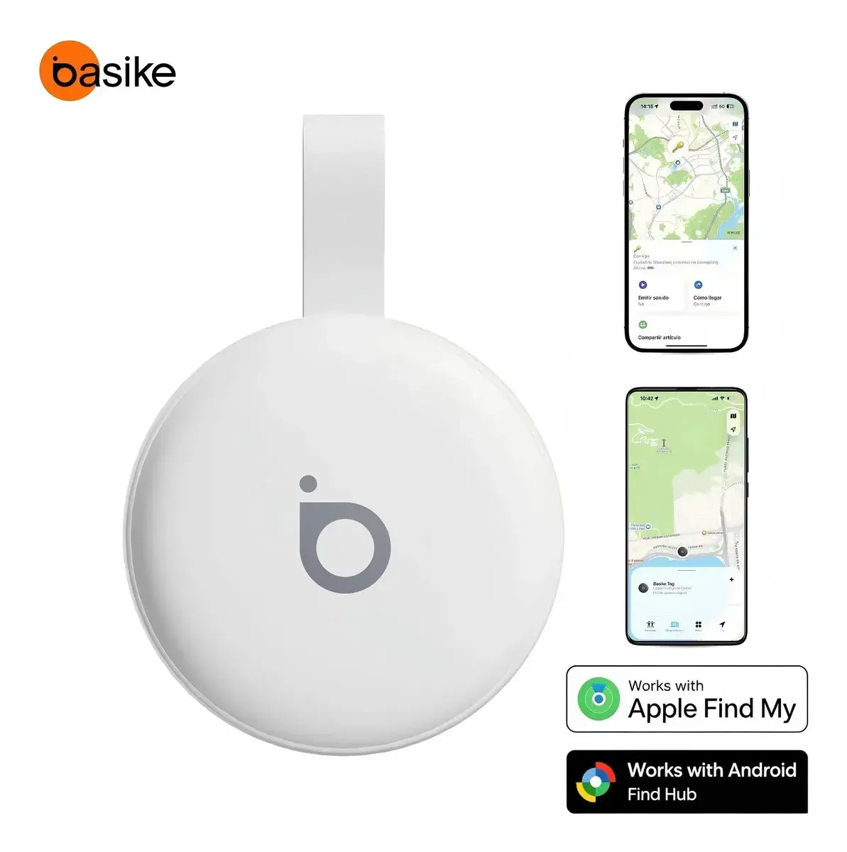Basike Mini Localizador Smart Tag Rastreador GPS Compatível iPhone Apple Find My e Android Find Hub Alarme Sonoro 100dB Bateria 12 Meses para Pets Chaves Mochilas Carro Moto Mala Bicicleta Carteira