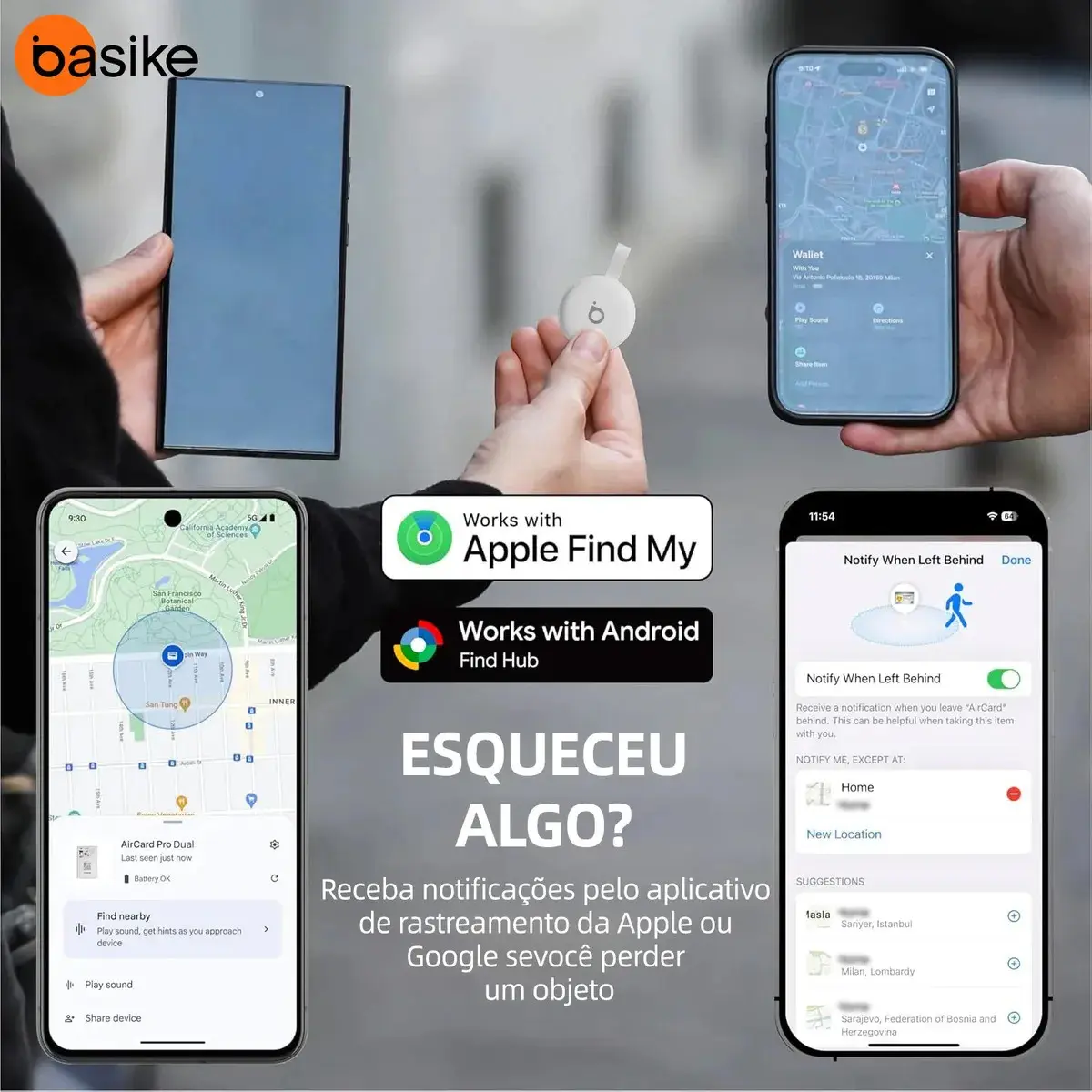 Basike Mini Localizador Smart Tag Rastreador GPS Compatível iPhone Apple Find My e Android Find Hub Alarme Sonoro 100dB Bateria 12 Meses para Pets Chaves Mochilas Carro Moto Mala Bicicleta Carteira thumbnail 4