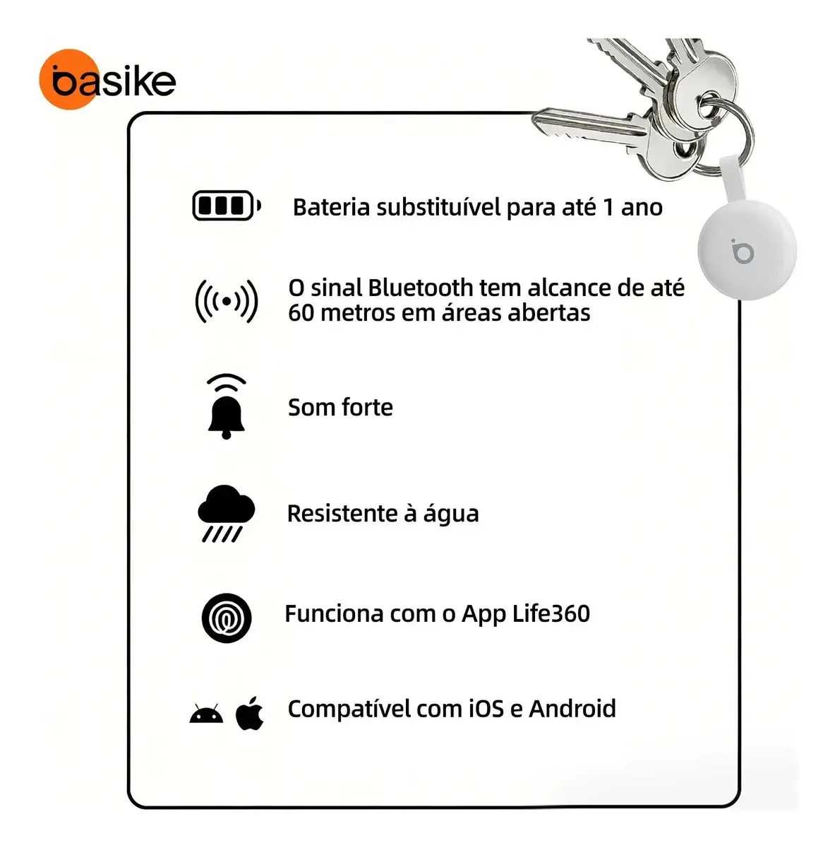 Basike Mini Localizador Smart Tag Rastreador GPS Compatível iPhone Apple Find My e Android Find Hub Alarme Sonoro 100dB Bateria 12 Meses para Pets Chaves Mochilas Carro Moto Mala Bicicleta Carteira thumbnail 7