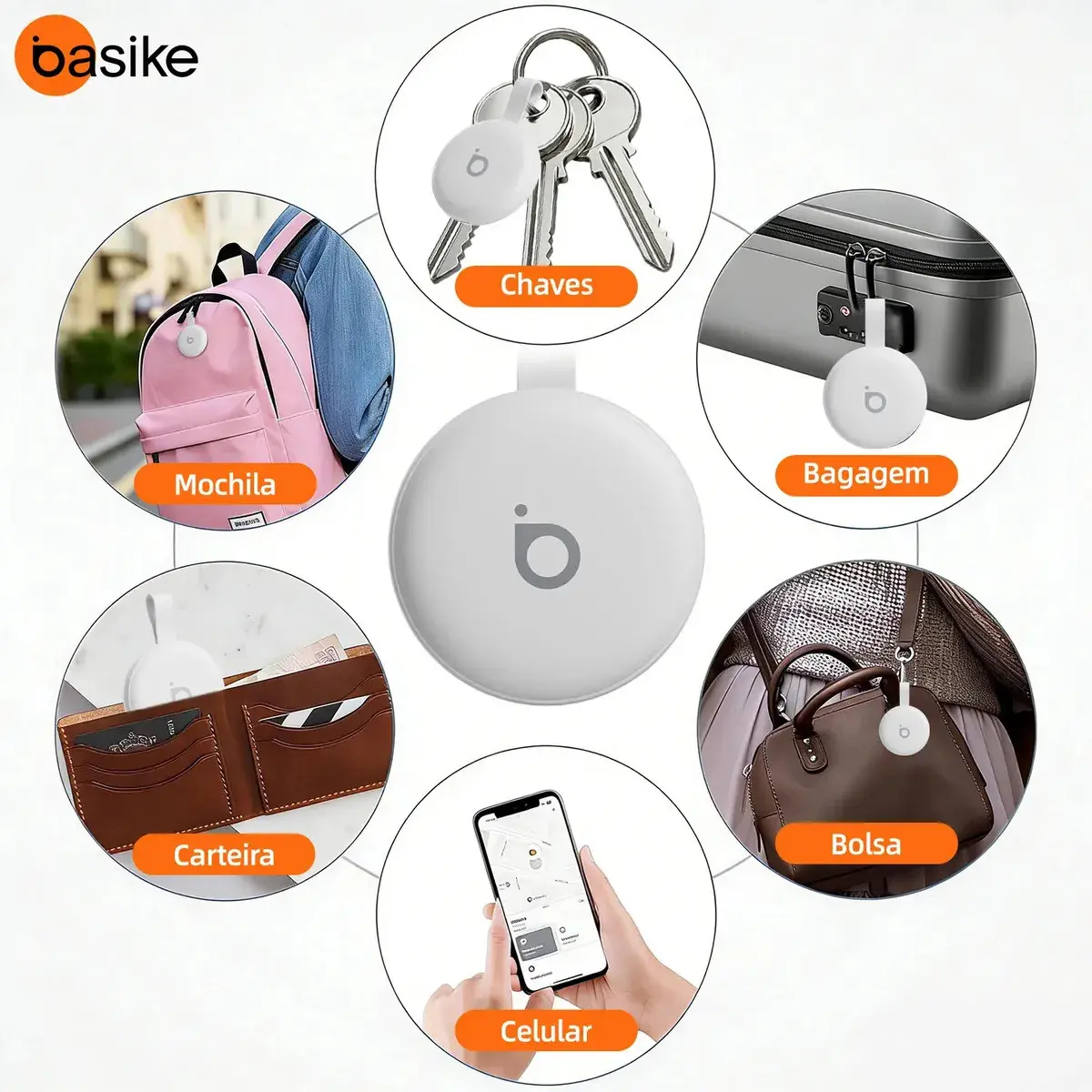 Basike Mini Localizador Smart Tag Rastreador GPS Compatível iPhone Apple Find My e Android Find Hub Alarme Sonoro 100dB Bateria 12 Meses para Pets Chaves Mochilas Carro Moto Mala Bicicleta Carteira thumbnail 8